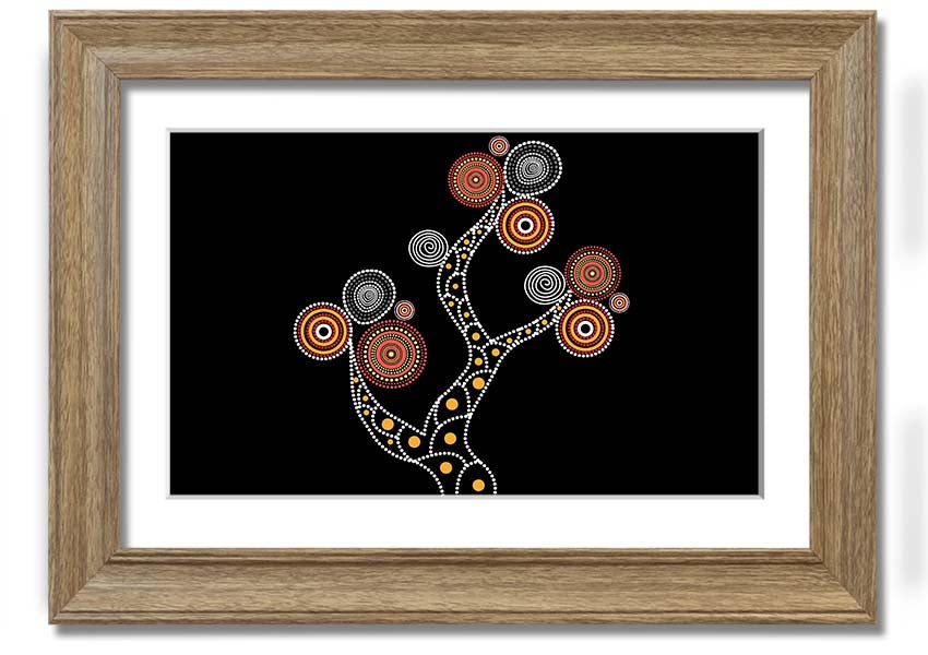 Framed Aboriginal Tree 1 print showcasing vibrant colors and intricate patterns, ready to hang.